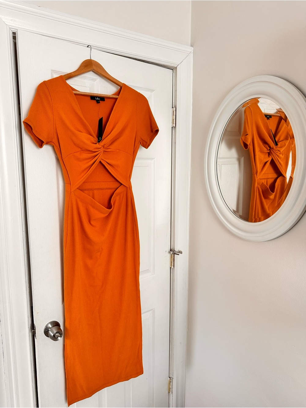 Lulu's Orange Twist-Knot Cutout Midi Dress